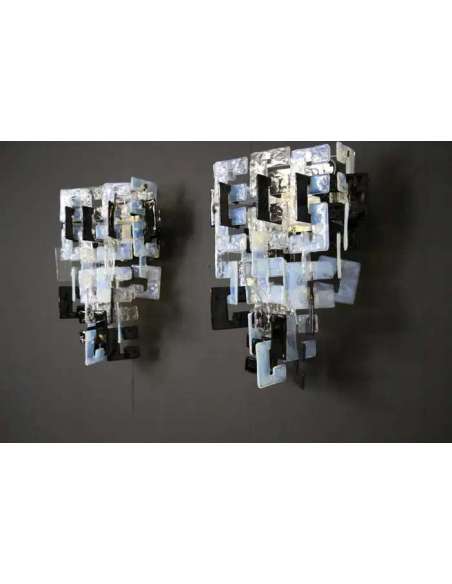 Pair of opalescent glass and crystal sconces by Carlo Nason-Bozaart