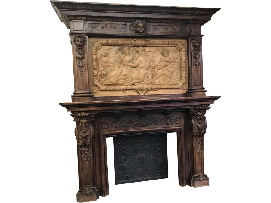 Rare grande cheminée ancienne en bois - xixeme siécle