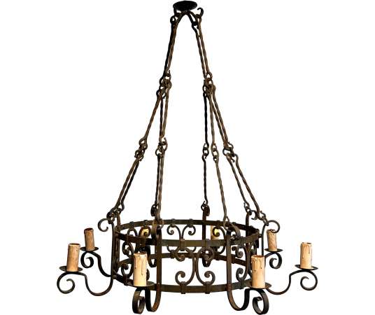 Gothic style wrought iron chandelier + French work, year 40