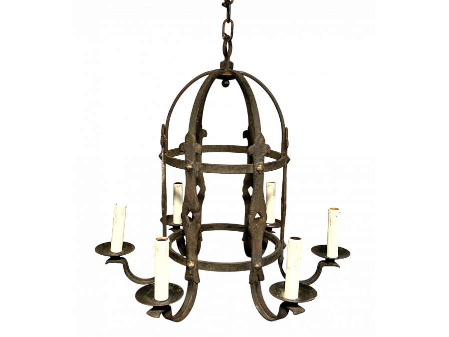 Gothic Style Wrought Iron Cage Chandelier + Contemporary work, circa 50