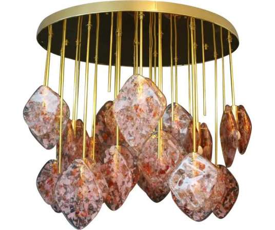 Modern Italian Chandelier of the 21st Century in Brass and Pink Glass