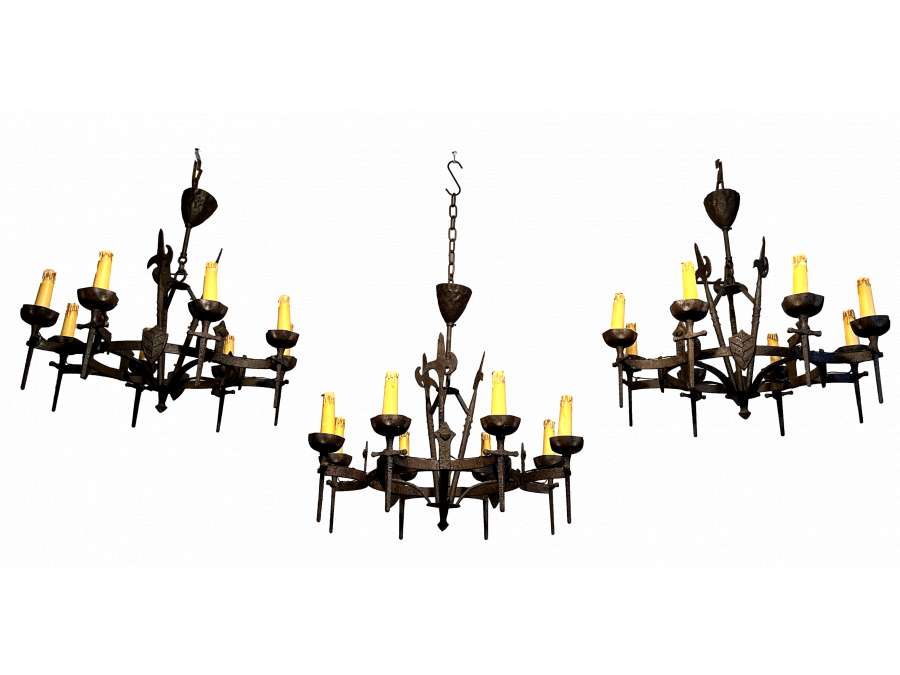 Three Gothic style wrought iron chandeliers + French work, circa 50