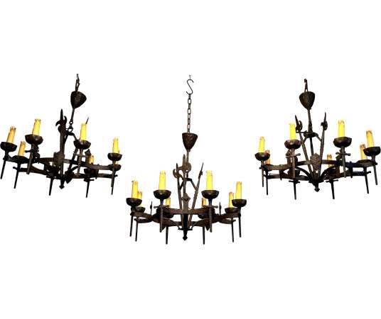 Three Gothic style wrought iron chandeliers + French work, circa 50