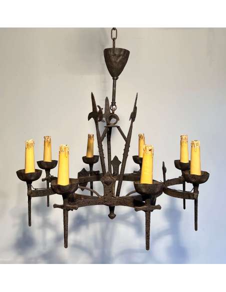 Three Gothic style wrought iron chandeliers + French work, circa 50-Bozaart