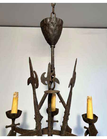 Three Gothic style wrought iron chandeliers + French work, circa 50-Bozaart