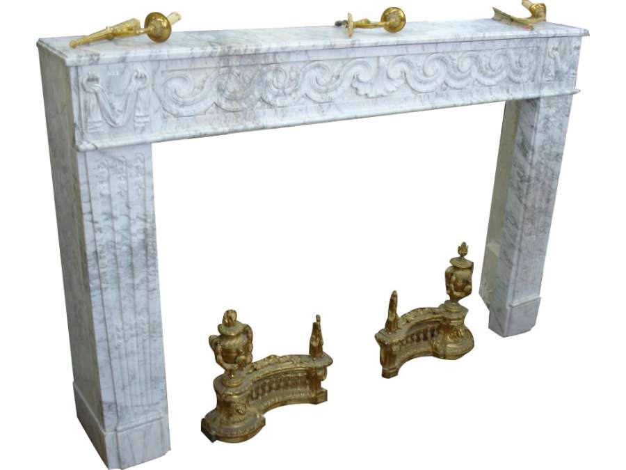 Very beautiful antique louis xvi period fireplace in white carrara marble