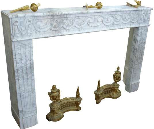 Very beautiful antique louis xvi period fireplace in white carrara marble