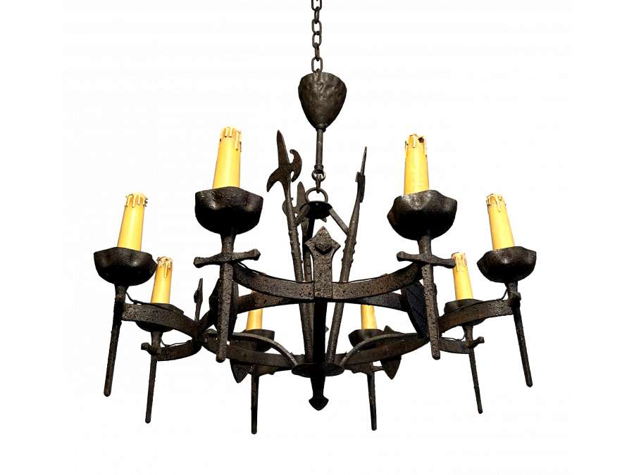 Gothic style wrought iron chandelier + French work, circa 50