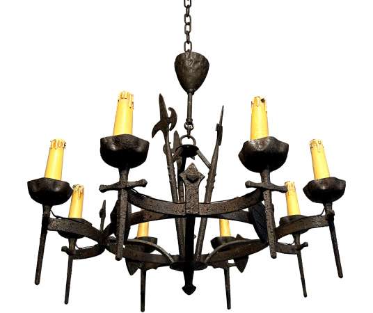 Gothic style wrought iron chandelier + French work, circa 50