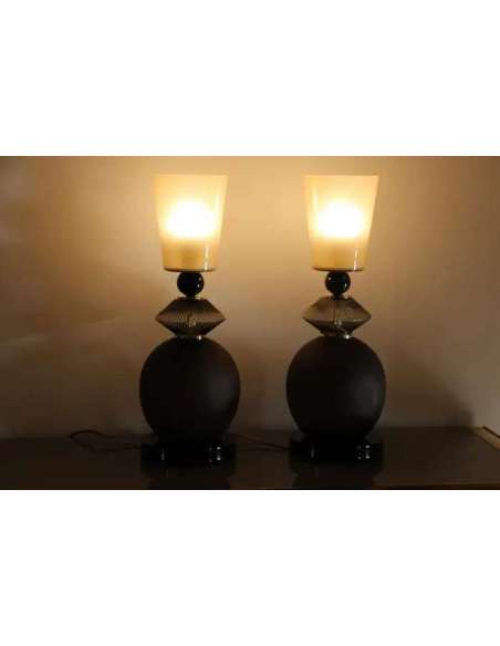 Pair of Murano Glass Lamps+in Beige and Smoked Brown 21st Century-Bozaart