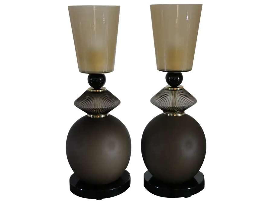 Paire de lampes en verre de Murano+beige et brun fumé du 21ème siècle