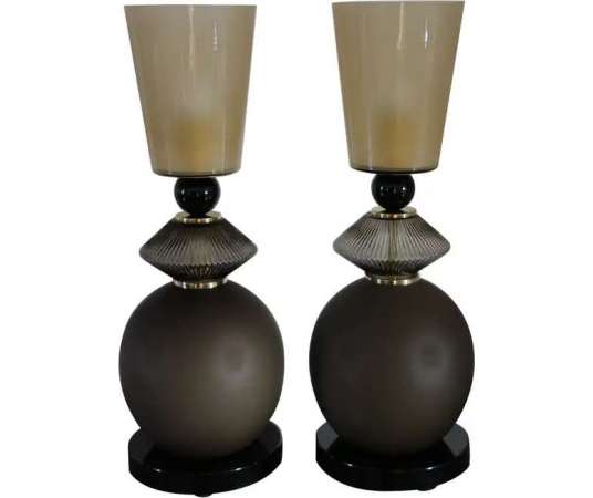 Pair of Murano Glass Lamps+in Beige and Smoked Brown 21st Century