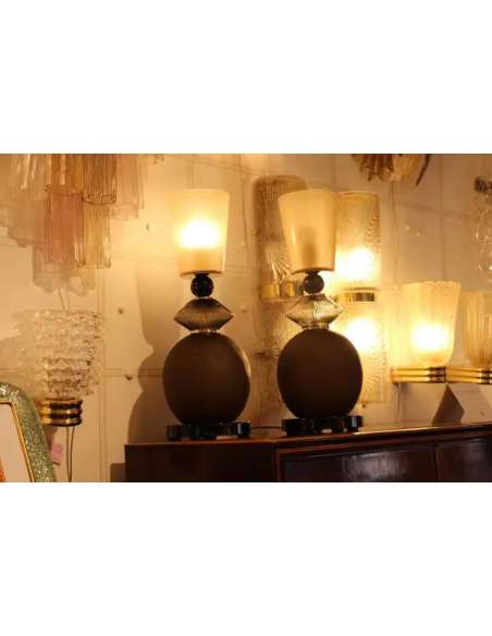 Pair of Murano Glass Lamps+in Beige and Smoked Brown 21st Century-Bozaart