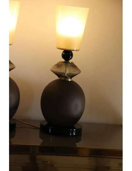 Paire de lampes en verre de Murano beige et brun fumé+du 21ème siècle-Bozaart