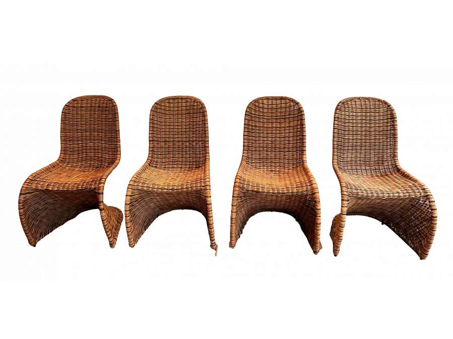 Suite of four wicker chairs + Contemporary work, circa 70