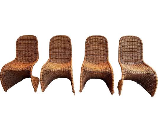 Suite of four wicker chairs + Contemporary work, circa 70