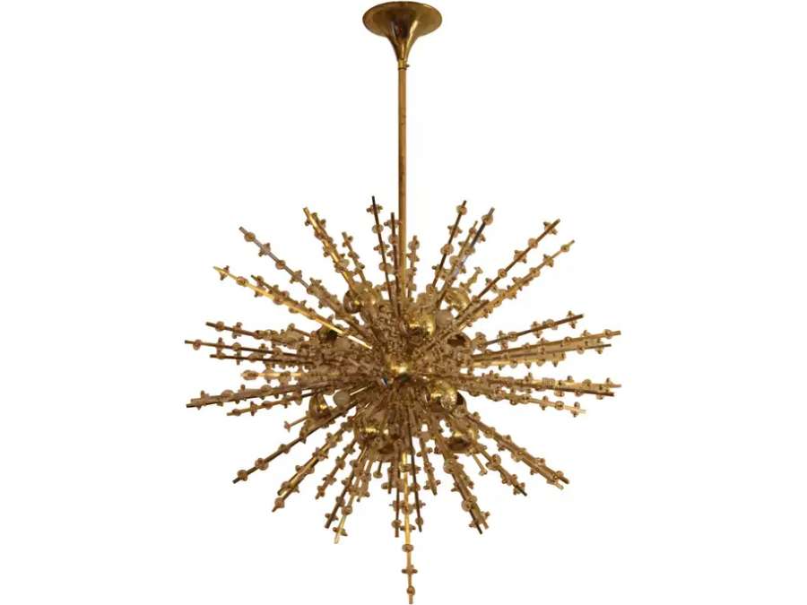 Large brass and Murano crystal chandelier from the 70s