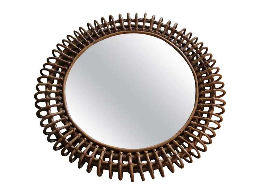 1960s Rattan and Bamboo Round Wall Mirror+by Franco Albini