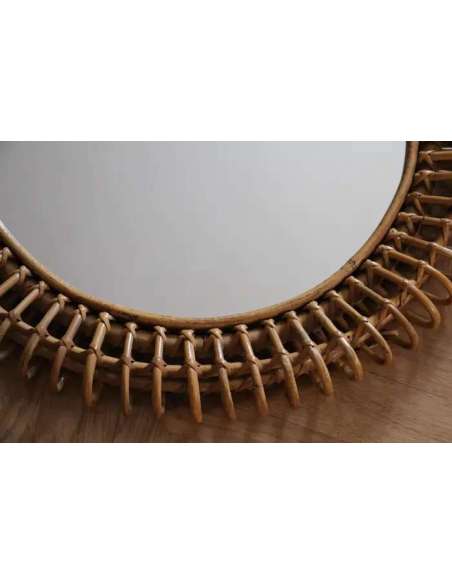 1960s Rattan and Bamboo Round Wall Mirror+by Franco Albini-Bozaart