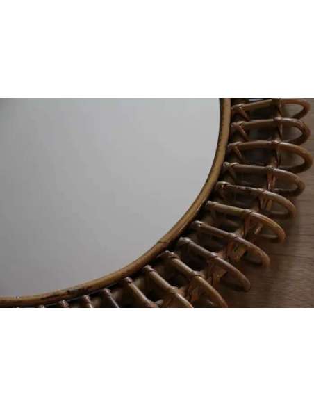 1960s Rattan and Bamboo Round Wall Mirror+by Franco Albini-Bozaart