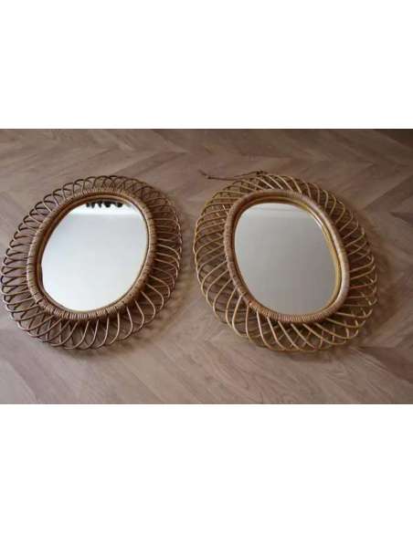 Miroirs ronds vintage en rotin et bambou+des années 60 par Franco Albini-Bozaart