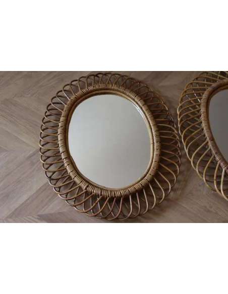 Miroirs ronds vintage en rotin et bambou+des années 60 par Franco Albini-Bozaart