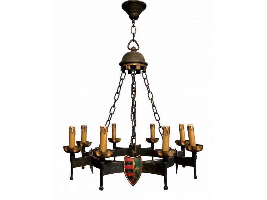 Vintage wrought iron chandelier+ Gothic style. 50's