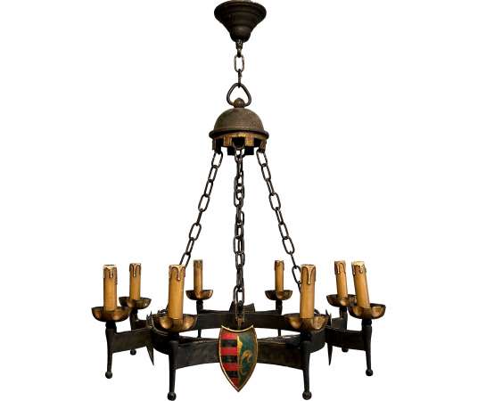 Vintage wrought iron chandelier Gothic style. 50's