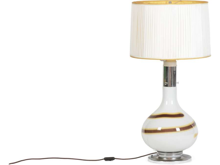 White glass lamp. +Contemporary design from 1970