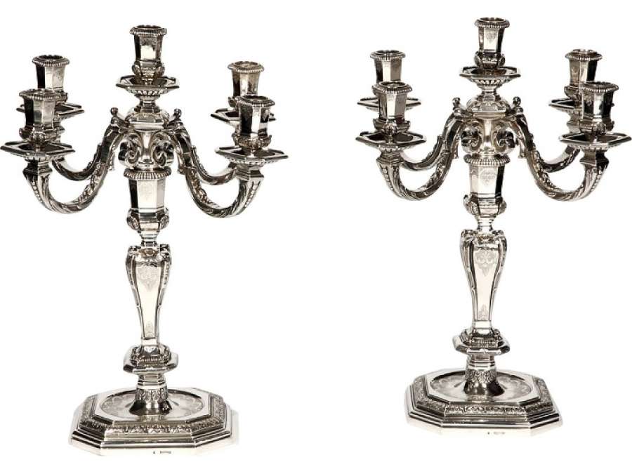 Pair of candelabras in solid silver Regency 19th century - Lapar Bouquet