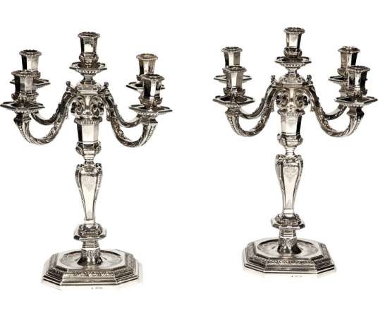 Pair of candelabras in solid silver Regency 19th century - Lapar Bouquet