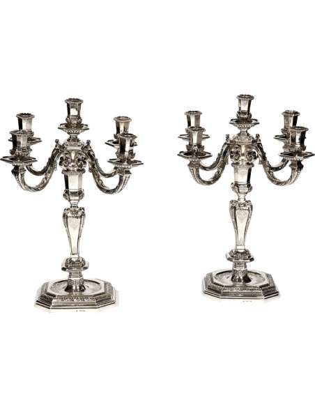 Pair of candelabras in solid silver Regency 19th century - Lapar Bouquet-Bozaart