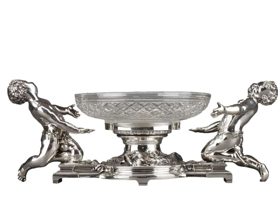 Centre de table en bronze argenté et coupe en cristal XIXe - Orfèvre CHRISTOFLE -