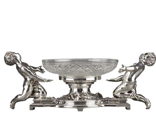 Centre de table en bronze argenté et coupe en cristal XIXe - Orfèvre CHRISTOFLE -