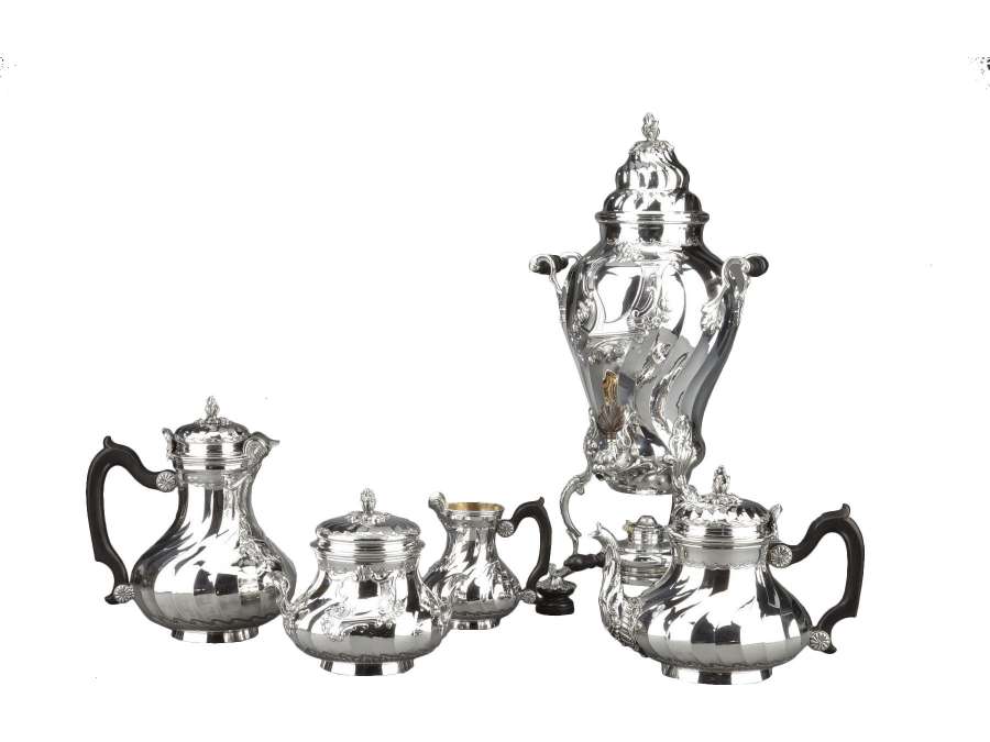 Orfèvre BOIN TABURET - Service Thé/Café 4 pièces en argent massif plus Samovar en métal argenté XIXè