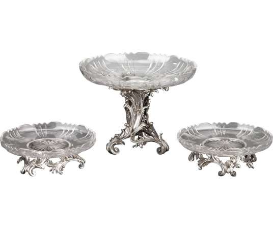 Garniture de table formée de trois coupes en Argent massif et cristal - XIXè - Orfèvre CARDEILHAC -