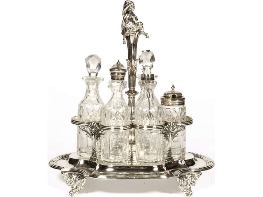 Solid silver condiment tray & crystal bottles XIXth century - Goldsmith ODIOT -