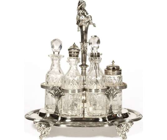 Solid silver condiment tray & crystal bottles XIXth century - Goldsmith ODIOT -