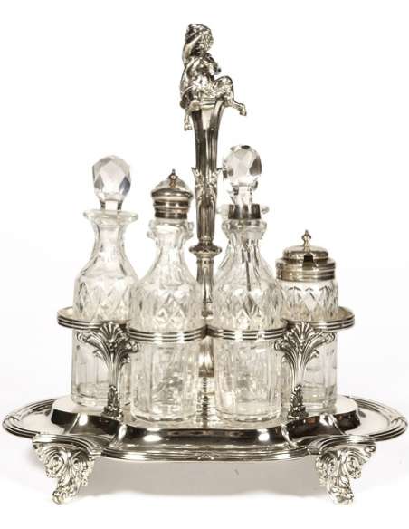 Solid silver condiment tray & crystal bottles XIXth century - Goldsmith ODIOT --Bozaart