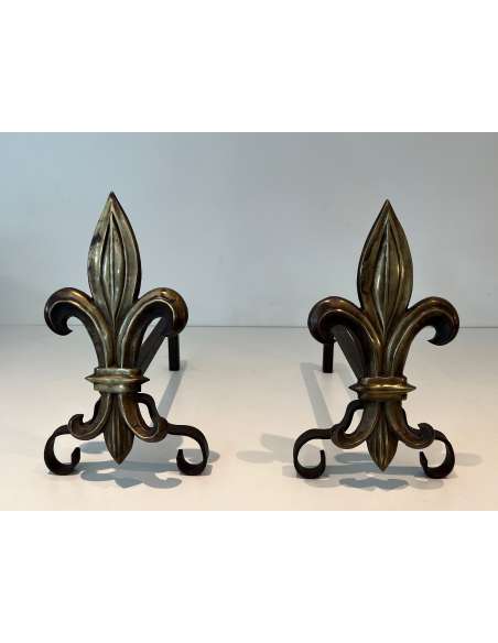 Bronze andirons, "Fleur de Lys" model from the 1940s-Bozaart