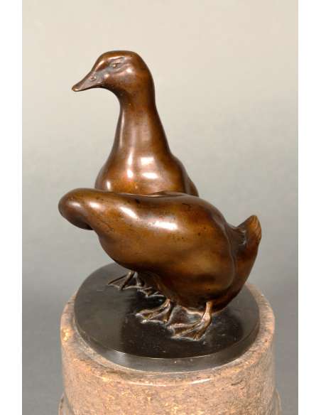 Sculpture en bronze+"Couple de canards"+par Carl August Brasch-Bozaart