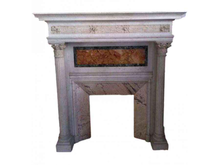 Magnificent antique Art nouveau fireplace with rose decorations in white carrara marble.