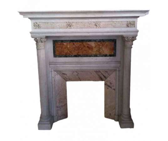 Magnificent antique Art nouveau fireplace with rose decorations in white carrara marble.