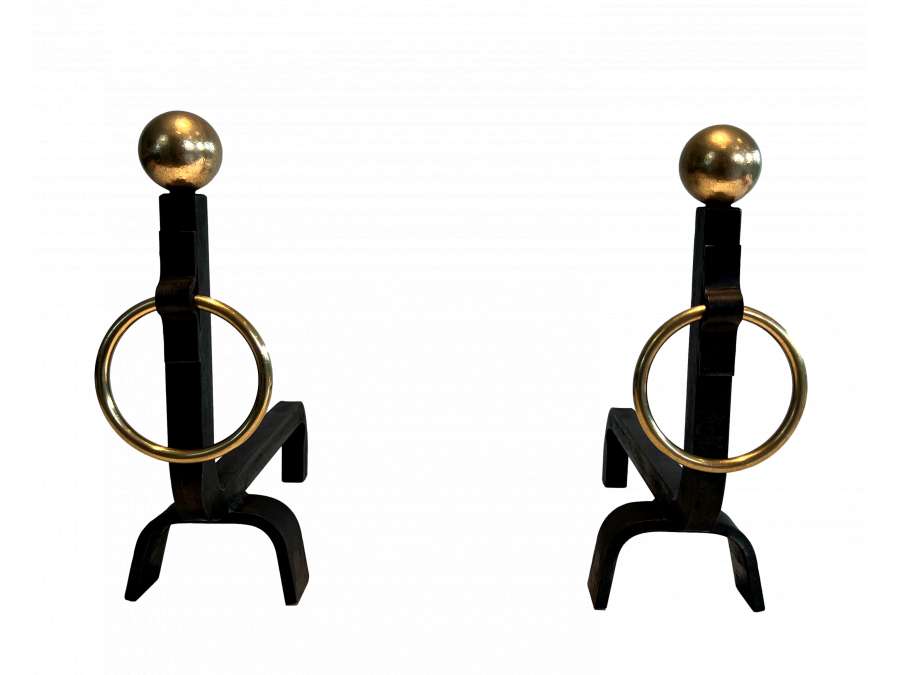 Wrought iron and brass andirons from the 50s