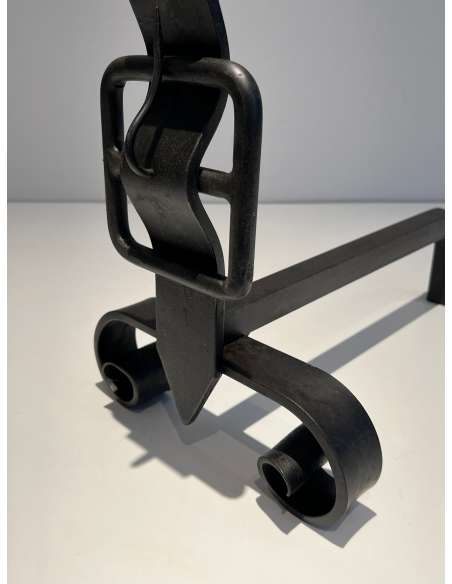Chenets moderniste des années 50 modèle "ceinture"-Bozaart