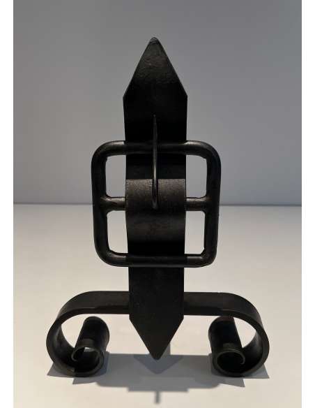 Chenets moderniste des années 50 modèle "ceinture"-Bozaart