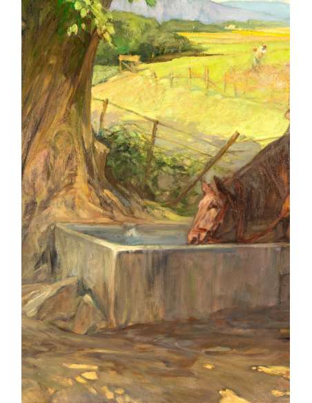 Oil on canvas painting by Jules Pierre Van Biesbroeck:+"Horses resting at the watering place"-Bozaart