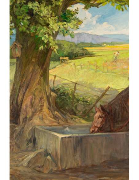 Oil on canvas painting by Jules Pierre Van Biesbroeck:+"Horses resting at the watering place"-Bozaart