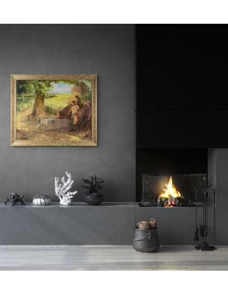 Oil on canvas painting by Jules Pierre Van Biesbroeck:+"Horses resting at the watering place"-Bozaart