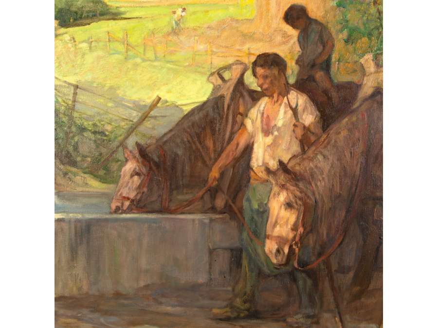 Oil on canvas painting by Jules Pierre Van Biesbroeck:+"Horses resting at the watering place"